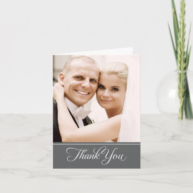 Elegant Charcoal Gray Scalloped Wedding Photo Thank You Card (Front)