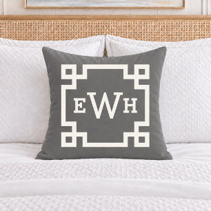 Elegant Charcoal Greek Key Monogram Initial Throw Pillow