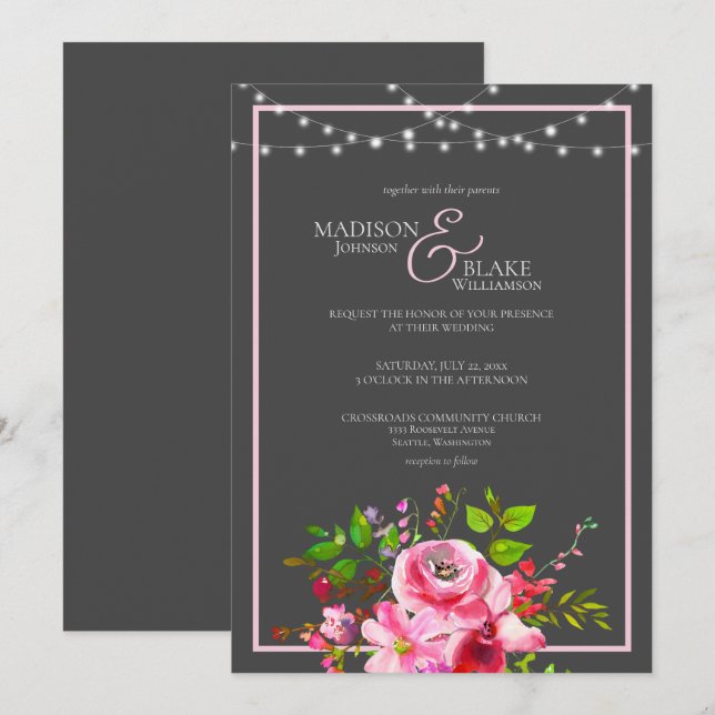 Elegant Charcoal Grey and Pink Wedding Invitation (Front/Back)