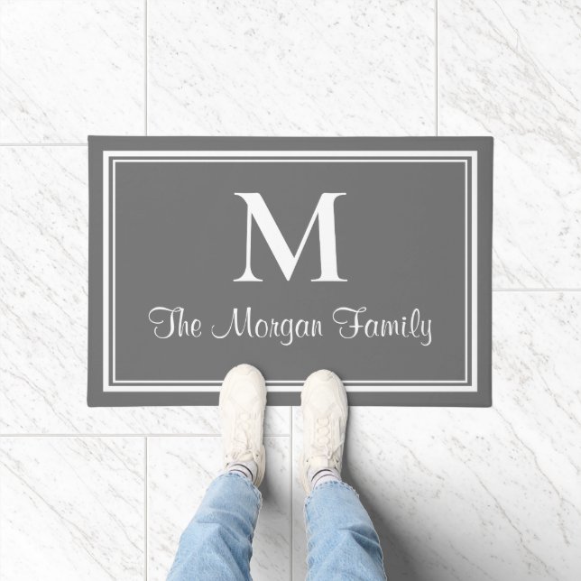 Elegant Charcoal Grey Double Borders Monogram Doormat (Indoor)