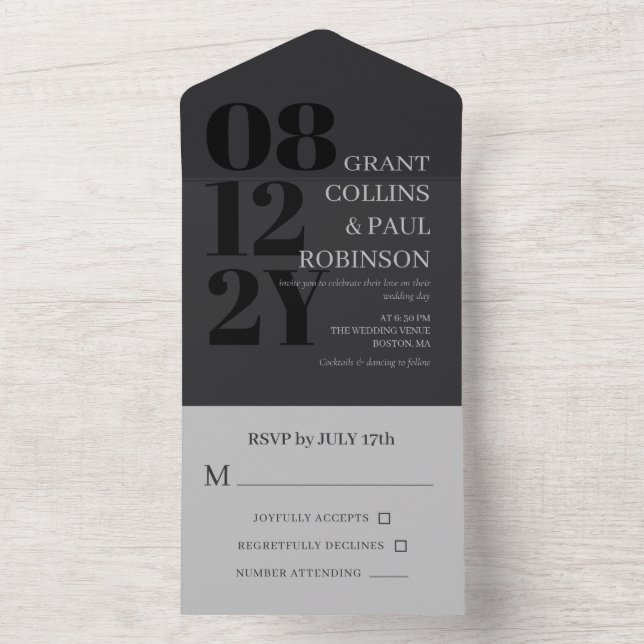 Elegant Charcoal & Grey Typography Wedding All In One Invitation (Inside)