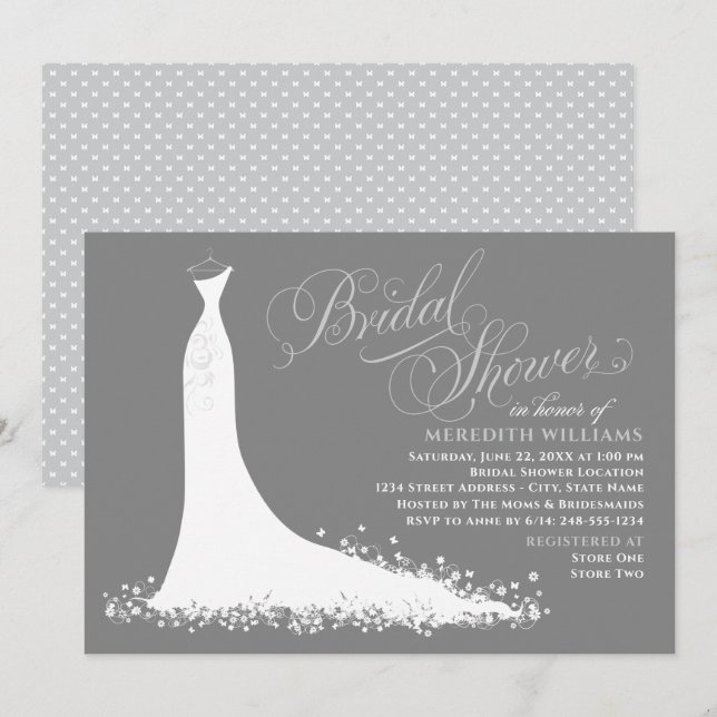Elegant Charcoal Grey Wedding Gown Bridal Shower Invitation (Front/Back)