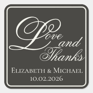 Elegant Charcoal Modern "Love and Thanks" Square Sticker