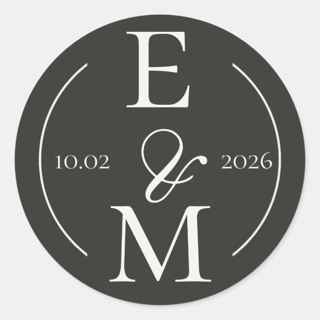 Elegant Charcoal Modern Monogram Date Wedding Classic Round Sticker (Front)