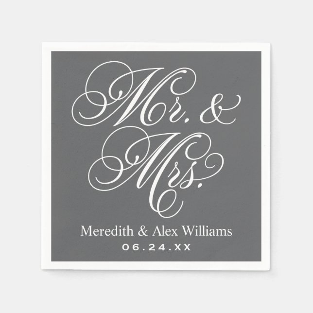 Elegant Charcoal Mr and Mrs Script Custom Monogram Napkin (Front)