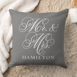 Elegant Charcoal Mr and Mrs Script Custom Monogram Throw Pillow