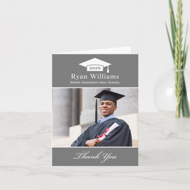 Elegant Charcoal Personalized Graduation Photo Thank You Card (Front)