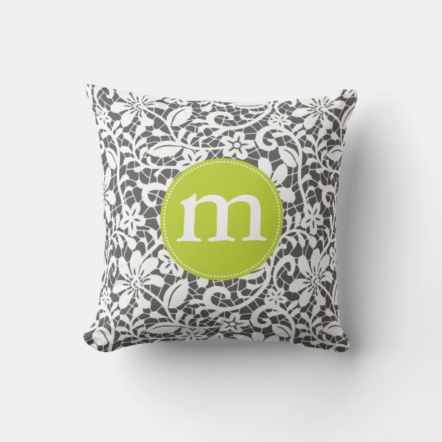 Elegant Charcoal Retro Lace Personalized Monogram Throw Pillow (Front)
