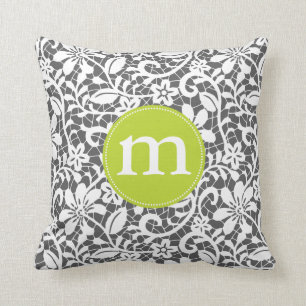 Elegant Charcoal Retro Lace Personalized Monogram Throw Pillow