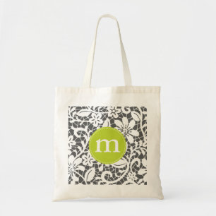 Elegant Charcoal Retro Lace Personalized Monogram Tote Bag