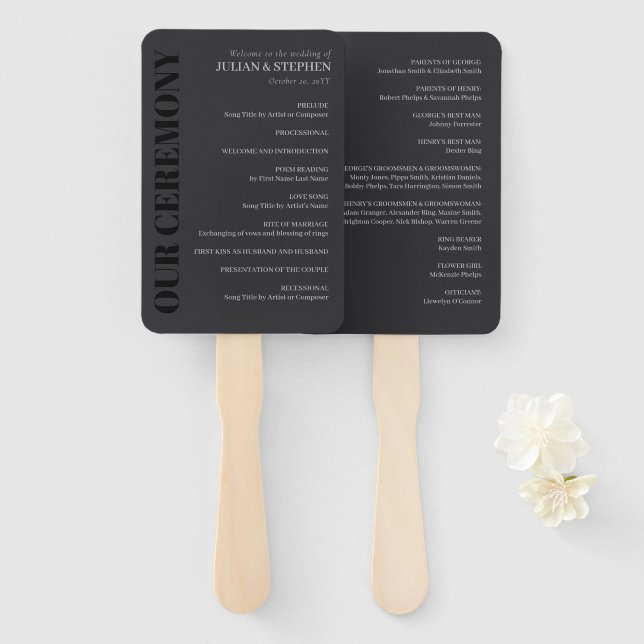 Elegant Charcoal Typography Wedding Program Hand Fan (Front and Back)