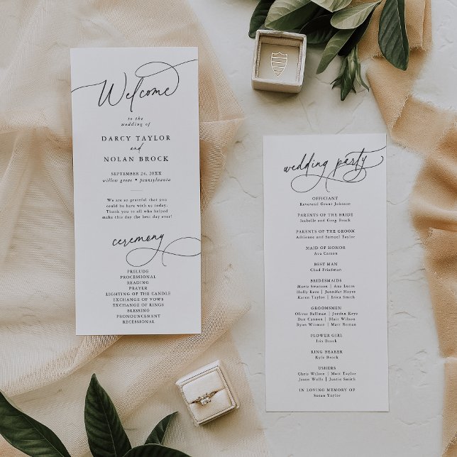 Elegant Charm Black and White Flat Wedding Program (Creator Uploaded)