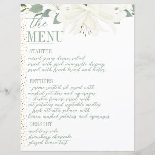 Elegant Charm Green Wildflower Wedding Menu
