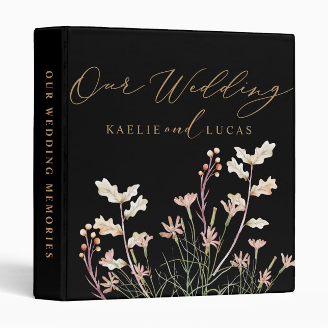 Elegant Charm Wild Flower | Black & Gold Wedding  Binder (Front/Spine)