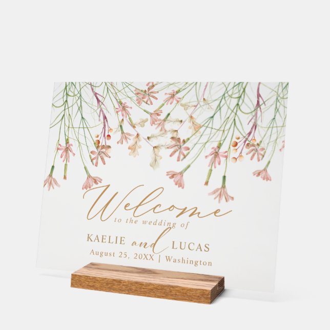 Elegant Charm Wild Flower Wedding Welcome  Acrylic Sign (Angle)