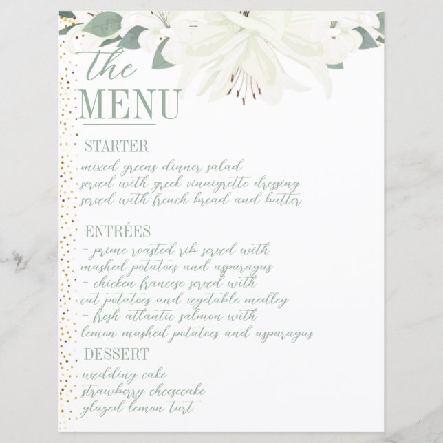 Élégant Charme Vert Fleur sauvage Menu Mariage (Devant)