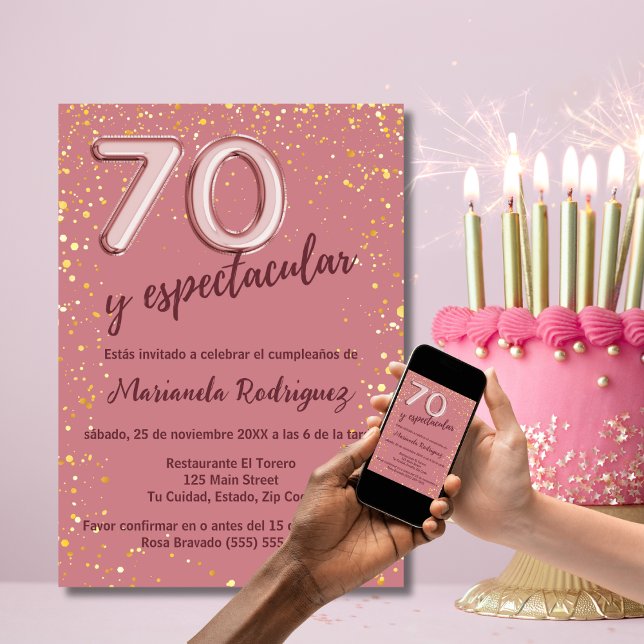 Elegant Charming Rose Gold 70th Birthday Spanish Invitation (Creator Uploaded)