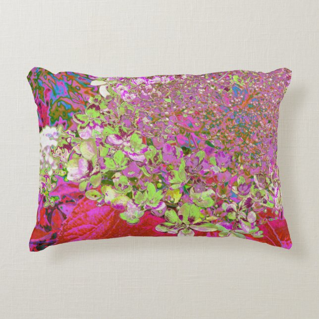 Elegant Chartreuse Green, Pink and Blue Hydrangea Accent Pillow (Front)