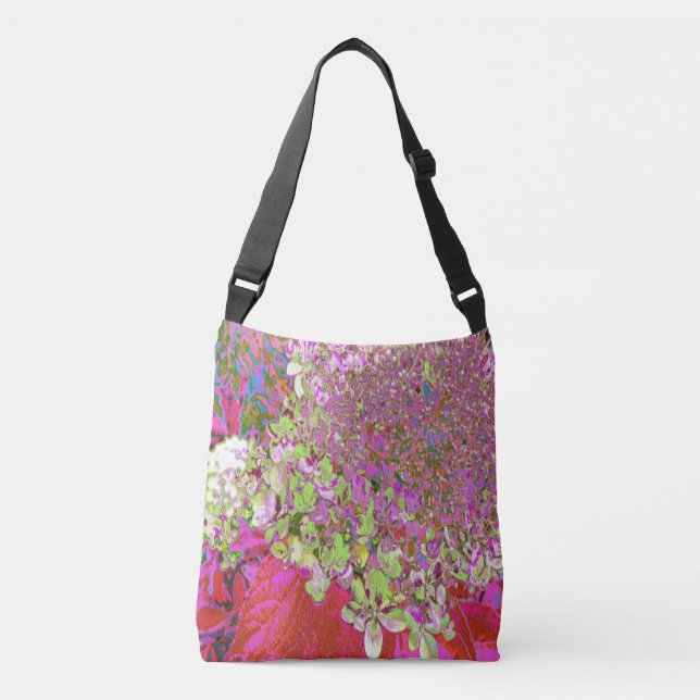 Elegant Chartreuse Green, Pink and Blue Hydrangea Crossbody Bag (Front)