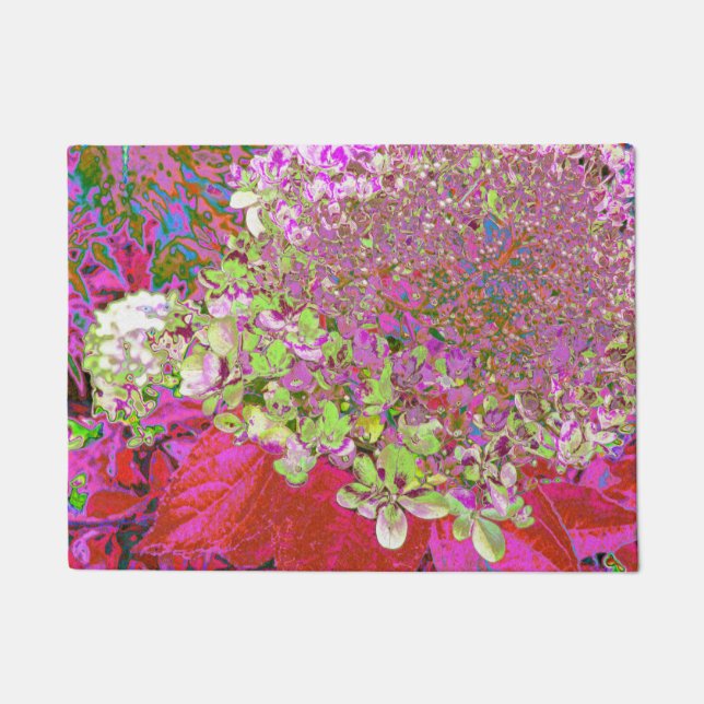 Elegant Chartreuse Green, Pink and Blue Hydrangea Doormat (Front)