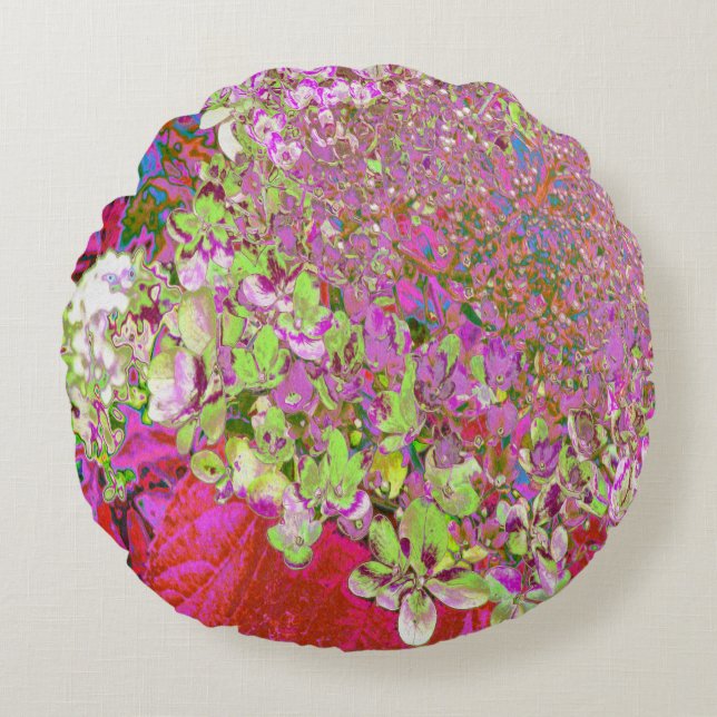 Elegant Chartreuse Green, Pink and Blue Hydrangea Round Pillow (Front)