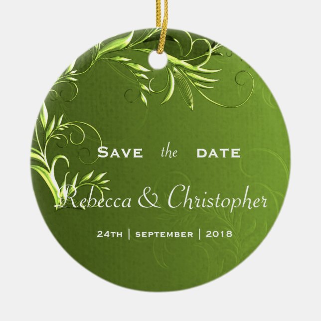 Elegant Chartreuse Green Save the Date Ceramic Ornament (Front)