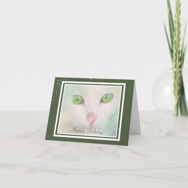 Élégant chat blanc aux yeux verts Carte d'annivers (Devant)