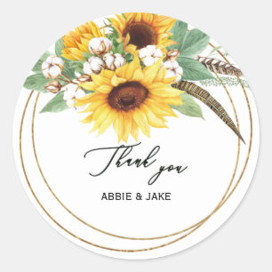 Elegant & Cheerful Sunflower Feather Wedding Classic Round Sticker