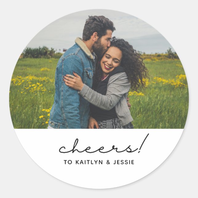 Elegant Cheers Engagement Party Custom Photo Classic Round Sticker (Front)
