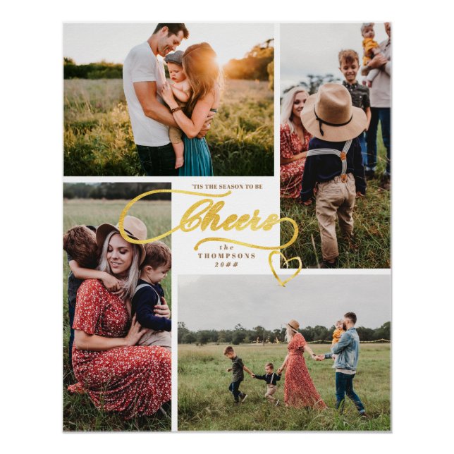 Elegant Cheers Gold Christmas Four Photo Collage Poster (Front)