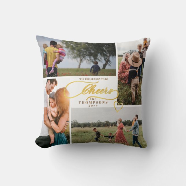 Elegant Cheers Gold Christmas Four Photo Collage Throw Pillow (Front)