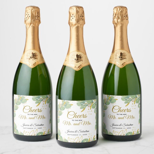 Elegant Cheers Mr and Mrs Eucalyptus Wedding Sparkling Wine Label (Bottles)