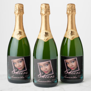 Elegant Cheers Name Black Floral Sparkling Wine Label