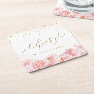 Elegant cheers script gold & blush floral wedding square paper coaster