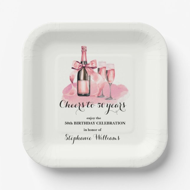 Elegant Cheers to 50 years Champagne 50th Birthday Paper Plate (Front)