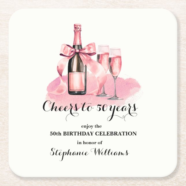 Elegant Cheers to 50 years Champagne 50th Birthday Square Paper Coaster (Front)