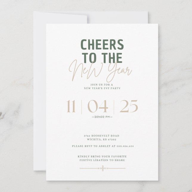 Elegant Cheers to the New Year Party Invitation (Front)
