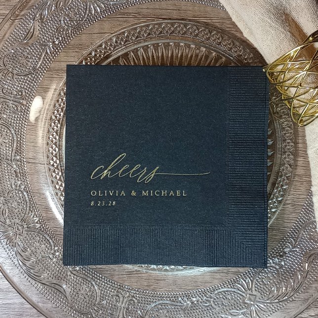 Elegant Cheers Wedding Black and Gold Foil Napkins (Elegant black with gold foil Cheers wedding napkins)