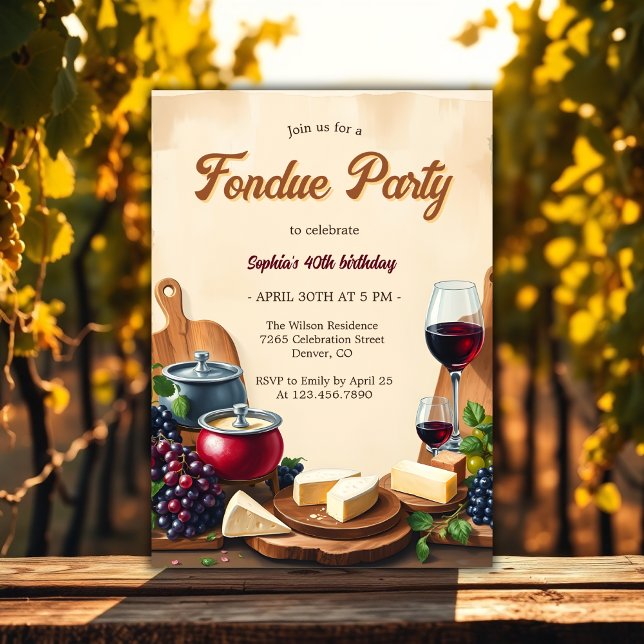 Elegant Cheese Wine Fondue Birthday Party Invitation (Elegant Cheese and Wine Fondue Birthday Party Invitation)
