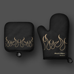 Elegant Chef Mom Flame Fire Black Gold Kitchen Oven Mitt & Pot Holder Set