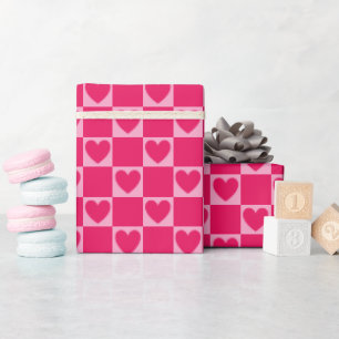 Elegant Chequered Hearts Raspberry Pink Red Wrapping Paper