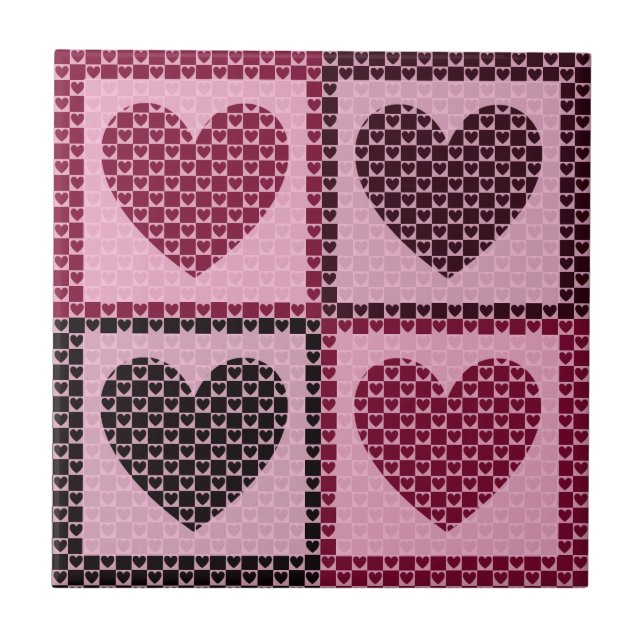 Elegant Chequered Hearts Soft Pink and Wine Red Tile (Front)