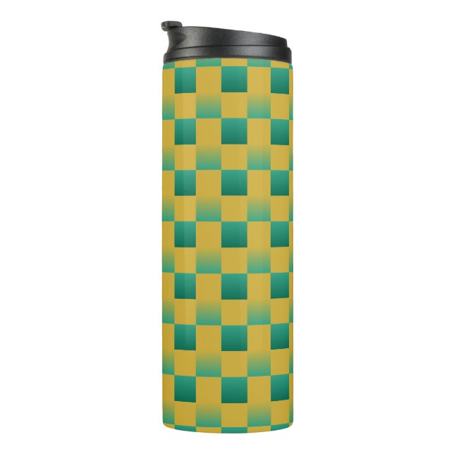 Elegant chequered pattern in green and gold  thermal tumbler (Rotated Right)