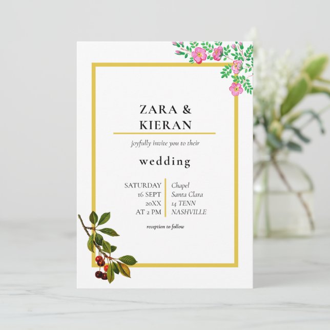 Elegant Cherry Autumn Floral Gold Frame Wedding Invitation (Standing Front)