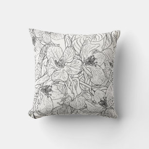 Elegant Cherry Blossom Flowers Black White Design Throw Pillow