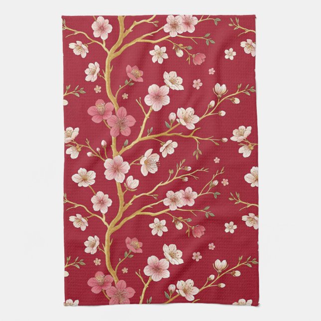 Elegant Cherry Blossom Gold Branch Kitchen Towel (Vertical)