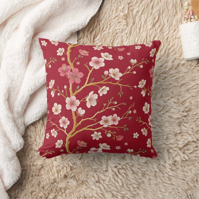 Elegant Cherry Blossom Gold Branch Throw Pillow (Blanket)