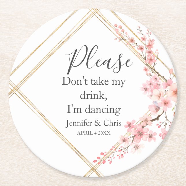Elegant Cherry Blossom I'm Dancing Round Paper Coaster (Front)