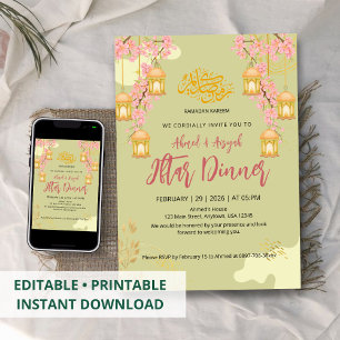 Elegant Cherry Blossom & Lanterns Iftar Dinner Invitation