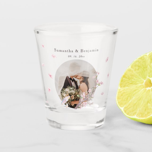 Elegant Cherry Blossom Newlywed Wedding Photo Shot Glass (Front)